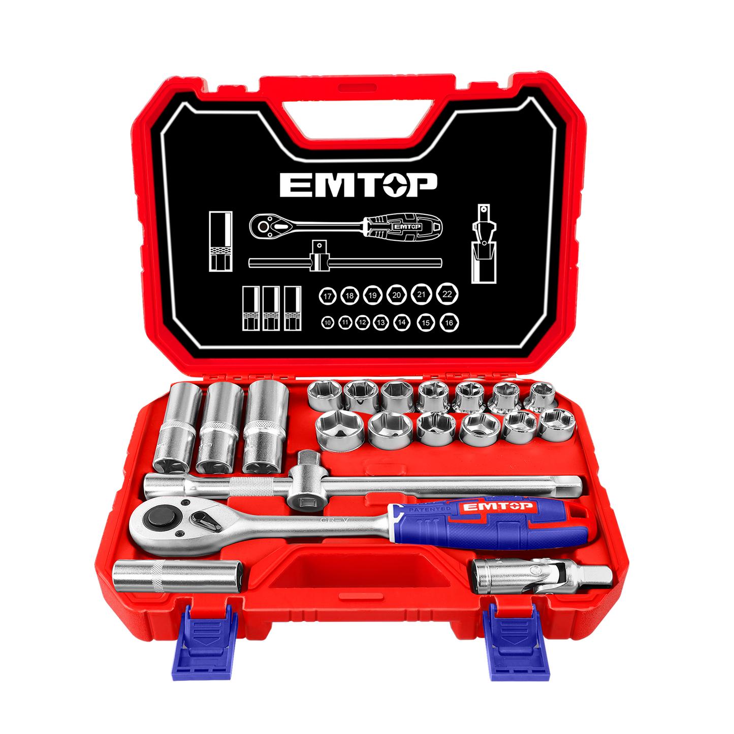 Coffret jeu de 21 douilles 1/2" EMTOP Acier Cr-V de haute qualité Traité thermiquement Chromé avec une boite BMC