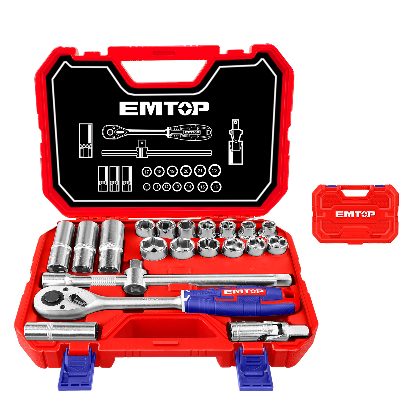 Coffret jeu de 21 douilles 1/2" EMTOP Acier Cr-V de haute qualité Traité thermiquement Chromé avec une boite BMC