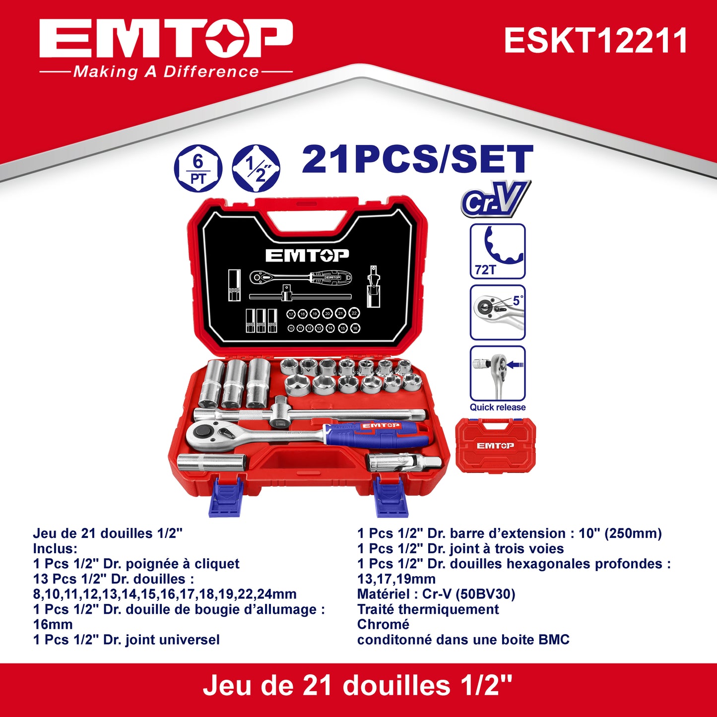Coffret jeu de 21 douilles 1/2" EMTOP Acier Cr-V de haute qualité Traité thermiquement Chromé avec une boite BMC