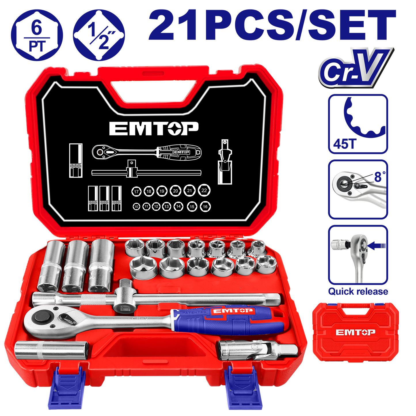 Coffret jeu de 21 douilles 1/2" EMTOP Acier Cr-V de haute qualité Traité thermiquement Chromé avec une boite BMC