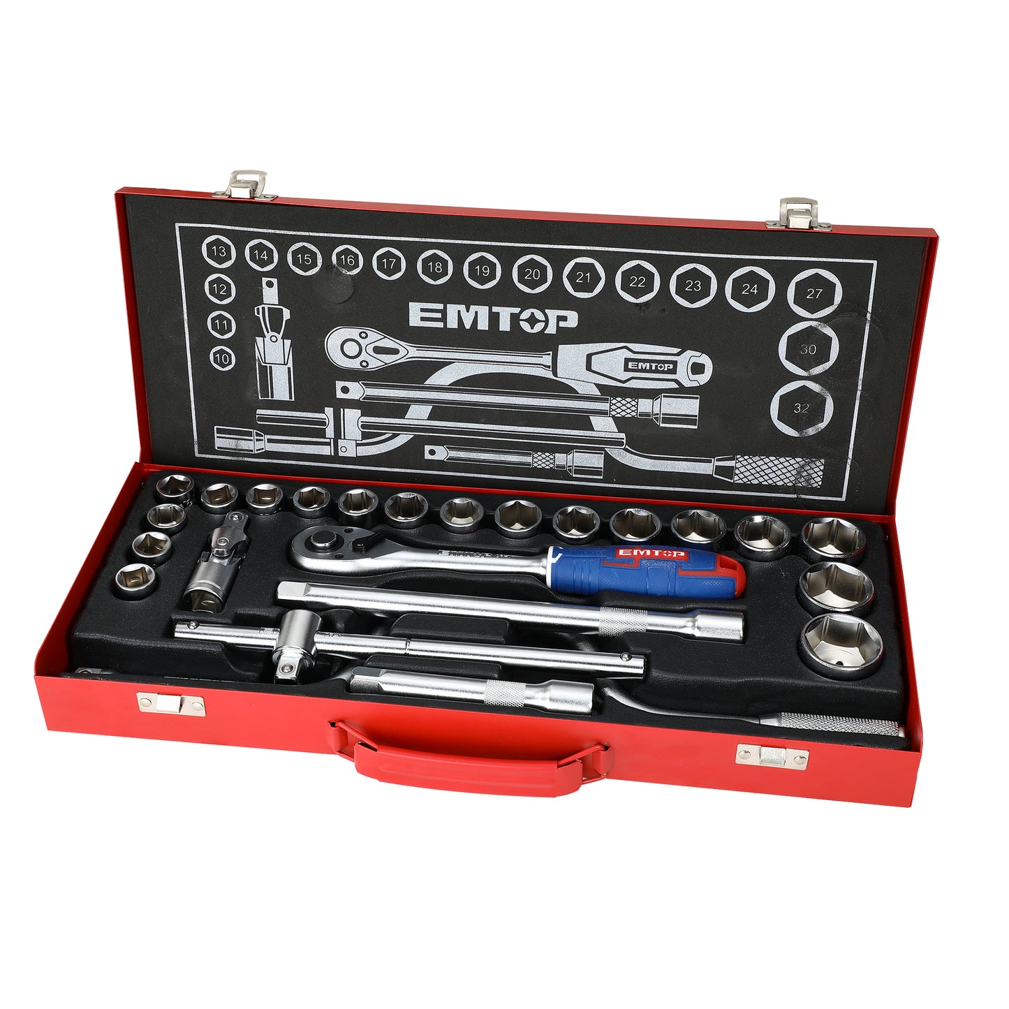 Coffret de mécaniciens jeu de 24 douilles 1/2" EMTOP Acier Cr-V de haute qualité Micro fini et chromé dans une caisse métallique