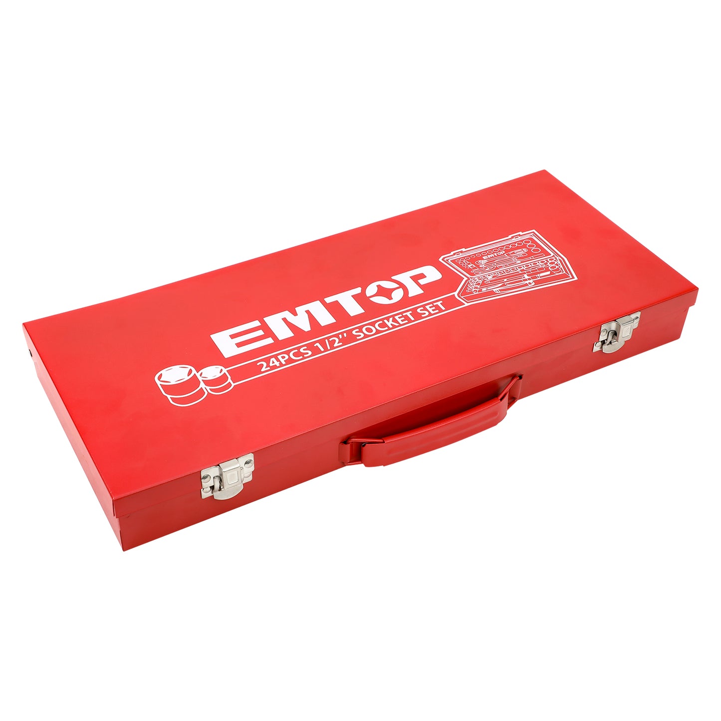 Coffret de mécaniciens jeu de 24 douilles 1/2" EMTOP Acier Cr-V de haute qualité Micro fini et chromé dans une caisse métallique
