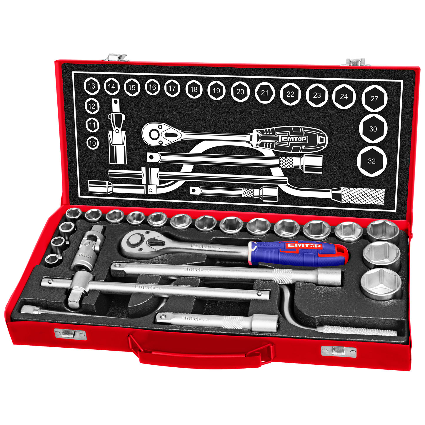 Coffret de mécaniciens jeu de 24 douilles 1/2" EMTOP Acier Cr-V de haute qualité Micro fini et chromé dans une caisse métallique