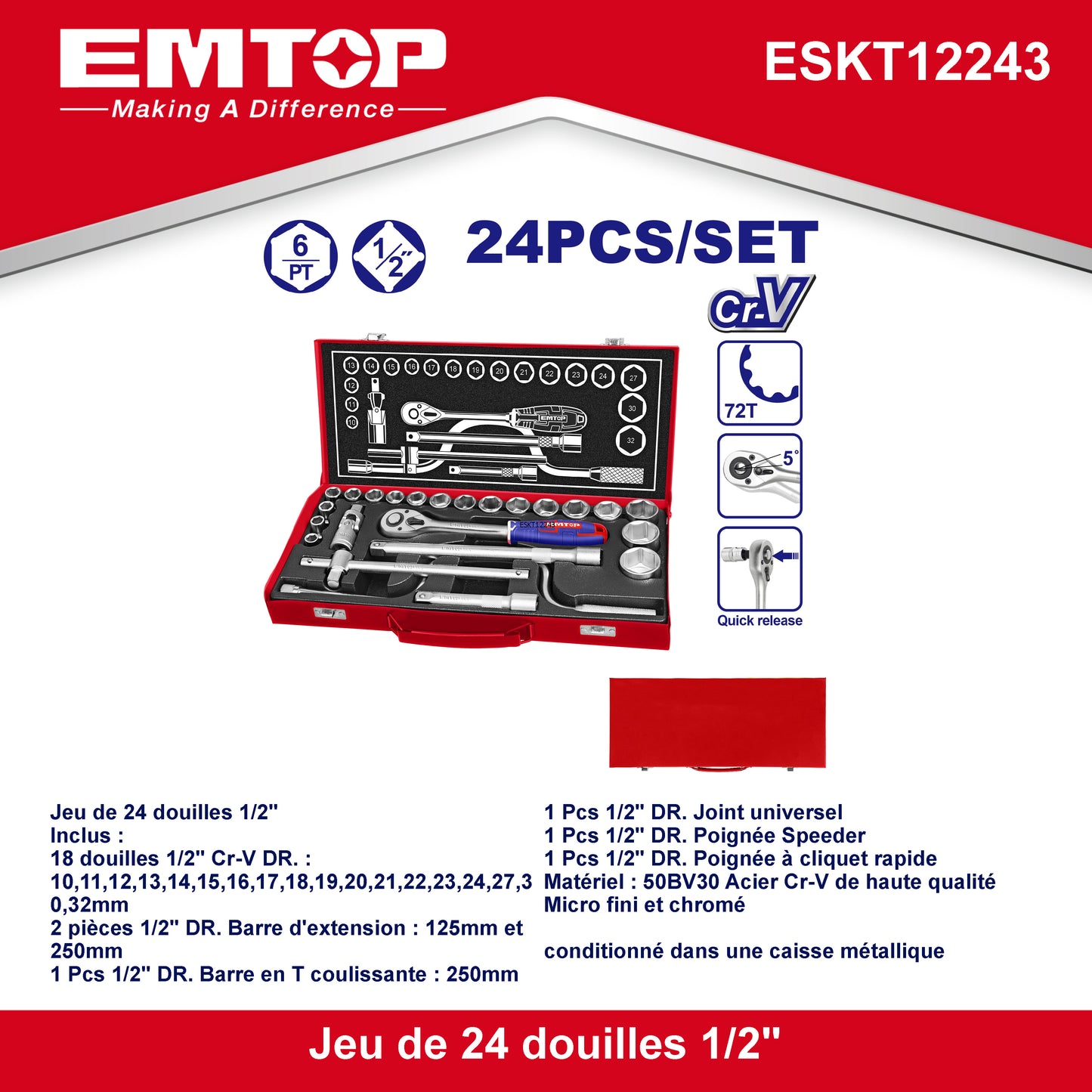 Coffret de mécaniciens jeu de 24 douilles 1/2" EMTOP Acier Cr-V de haute qualité Micro fini et chromé dans une caisse métallique