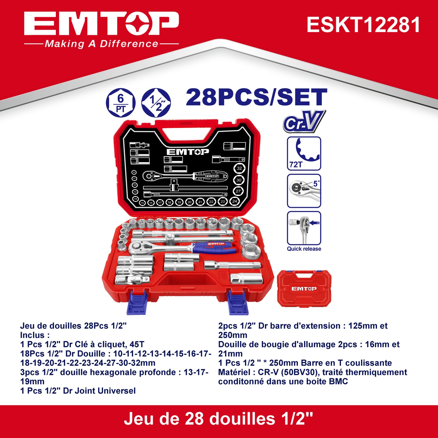 Coffret jeu de 28 douilles 1/2" EMTOP Acier Cr-V de haute qualité Traité thermiquement avec une boite BMC