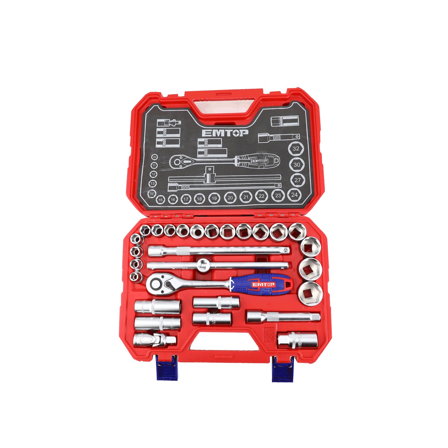 Coffret jeu de 28 douilles 1/2" EMTOP Acier Cr-V de haute qualité Traité thermiquement avec une boite BMC