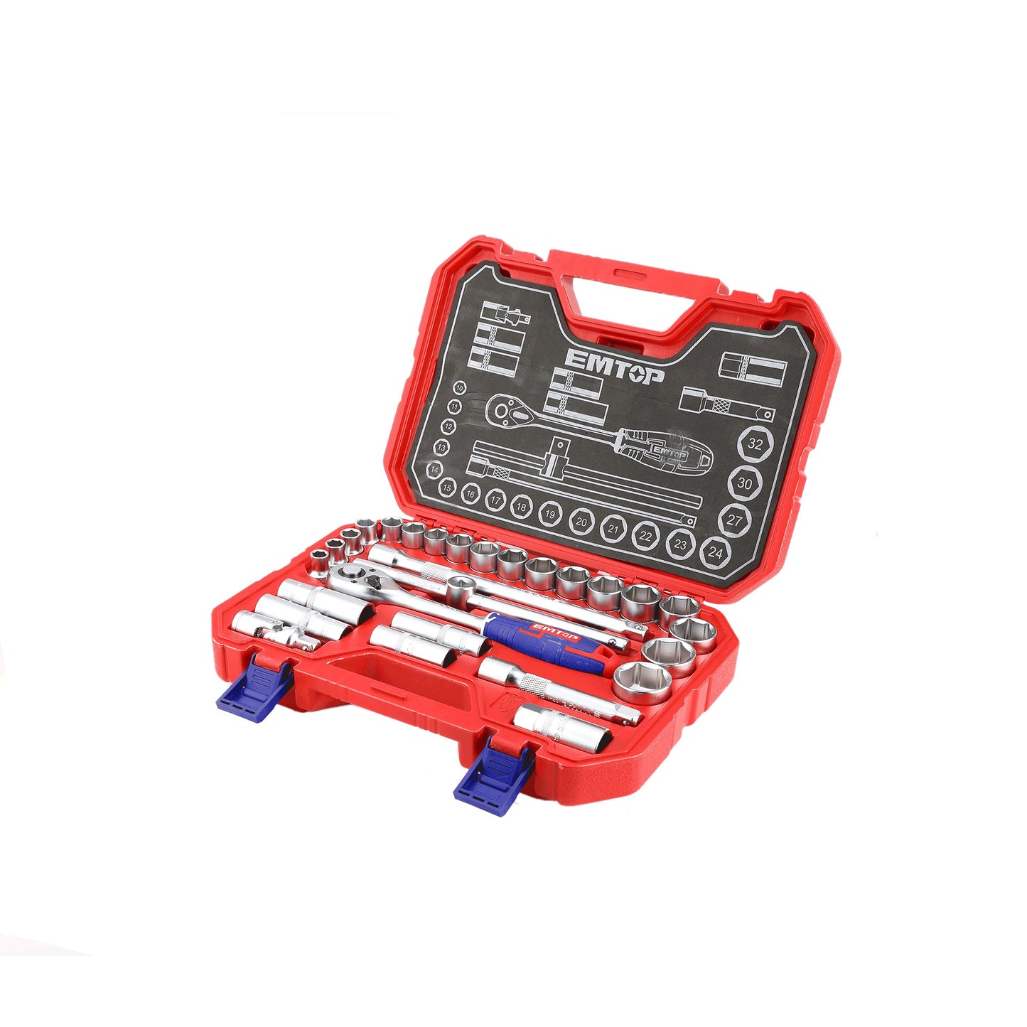 Coffret jeu de 28 douilles 1/2" EMTOP Acier Cr-V de haute qualité Traité thermiquement avec une boite BMC