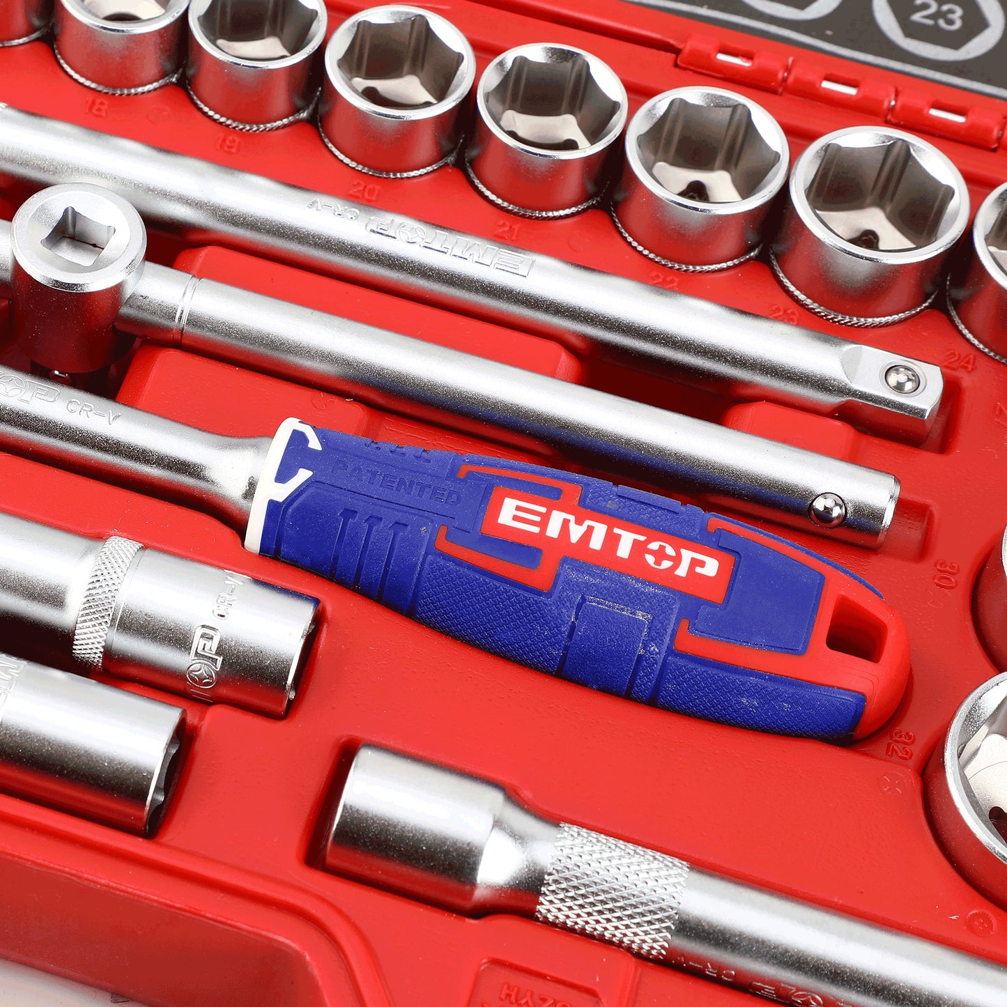 Coffret jeu de 28 douilles 1/2" EMTOP Acier Cr-V de haute qualité Traité thermiquement avec une boite BMC