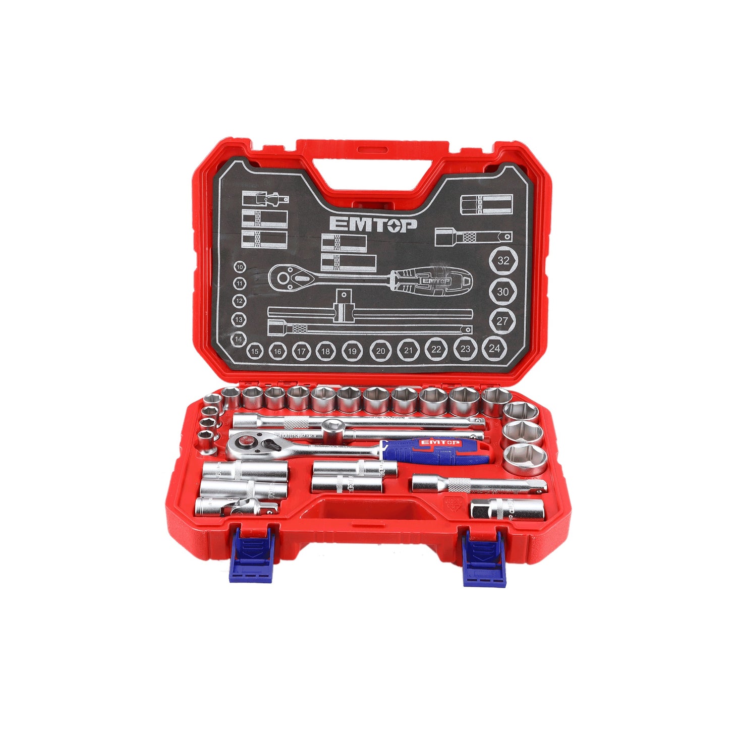 Coffret jeu de 28 douilles 1/2" EMTOP Acier Cr-V de haute qualité Traité thermiquement avec une boite BMC