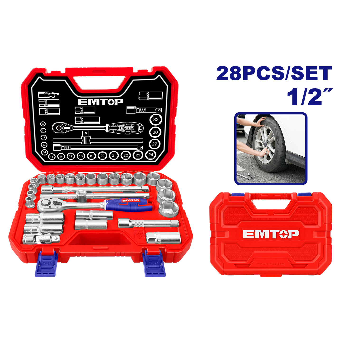 Coffret jeu de 28 douilles 1/2" EMTOP Acier Cr-V de haute qualité Traité thermiquement avec une boite BMC