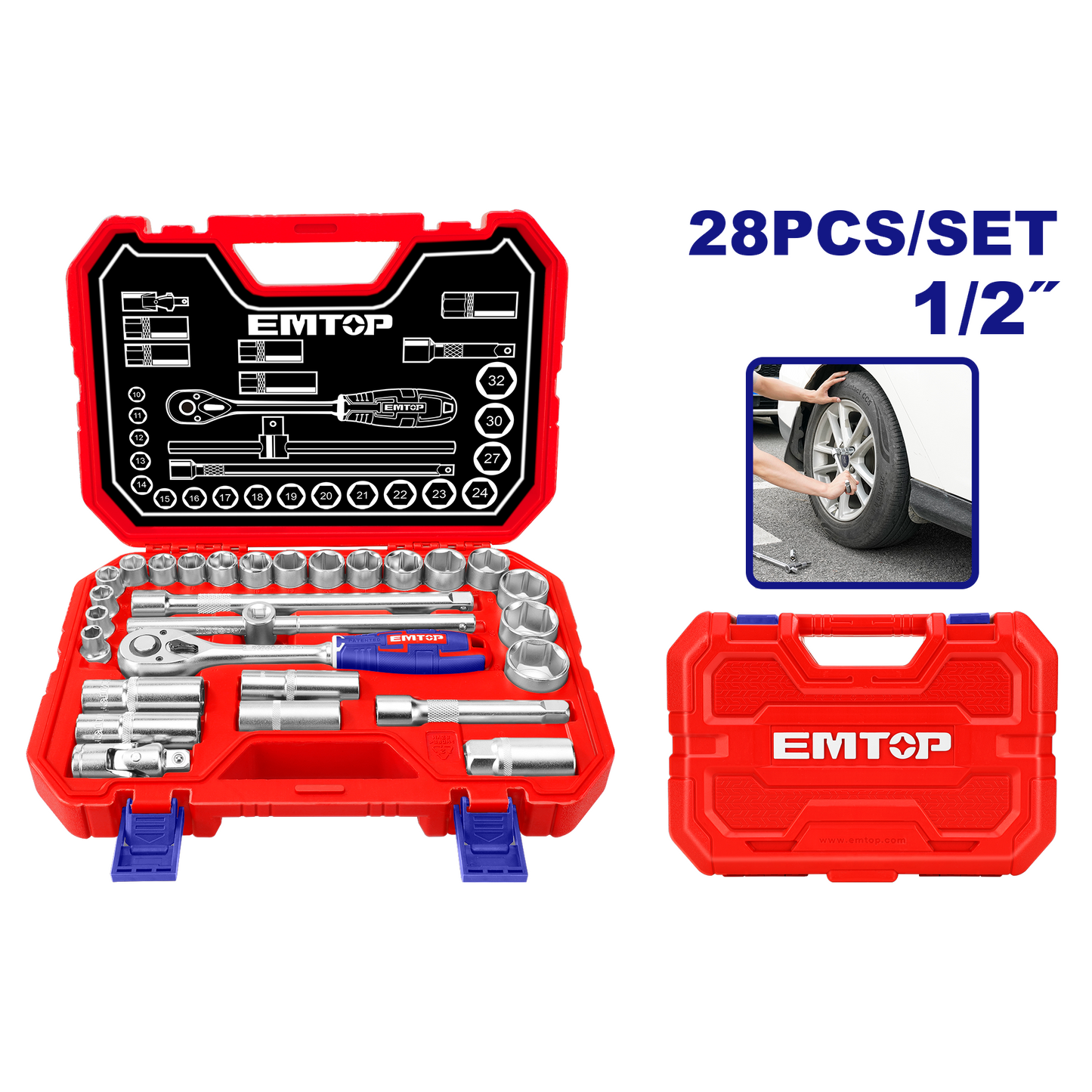 Coffret jeu de 28 douilles 1/2" EMTOP Acier Cr-V de haute qualité Traité thermiquement avec une boite BMC