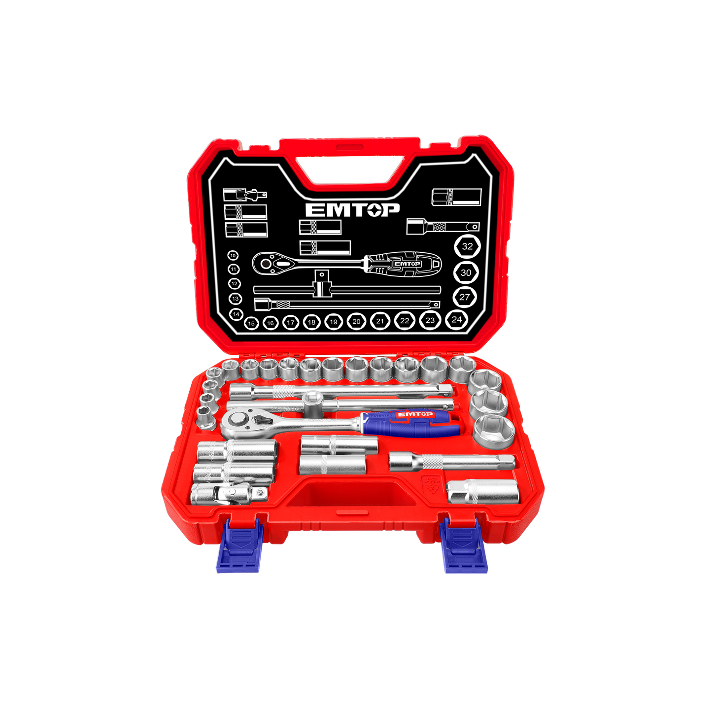 Coffret jeu de 28 douilles 1/2" EMTOP Acier Cr-V de haute qualité Traité thermiquement avec une boite BMC
