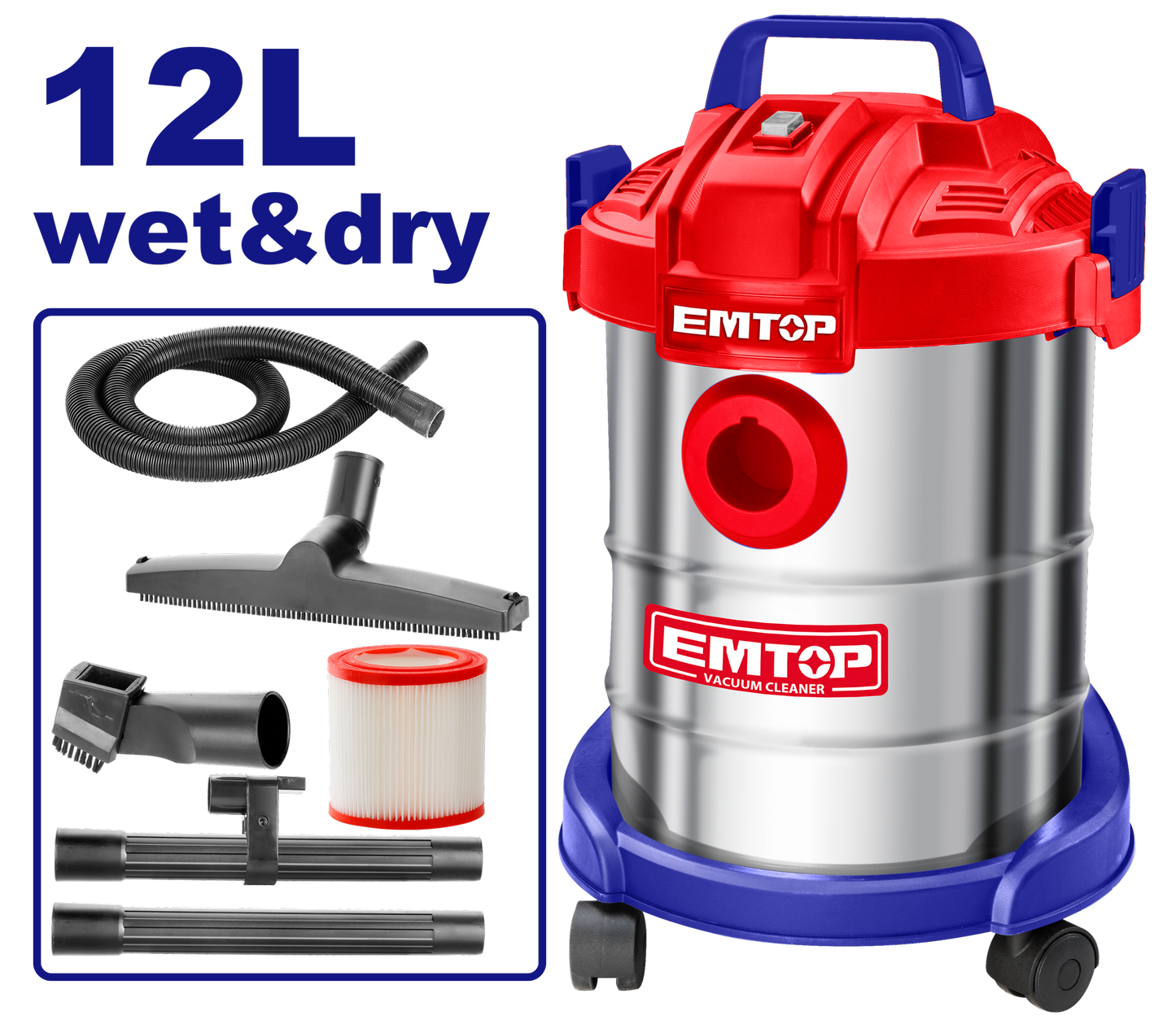 Aspirateur eau et poussière filaire 800W EMTOP 12L avec accessoires