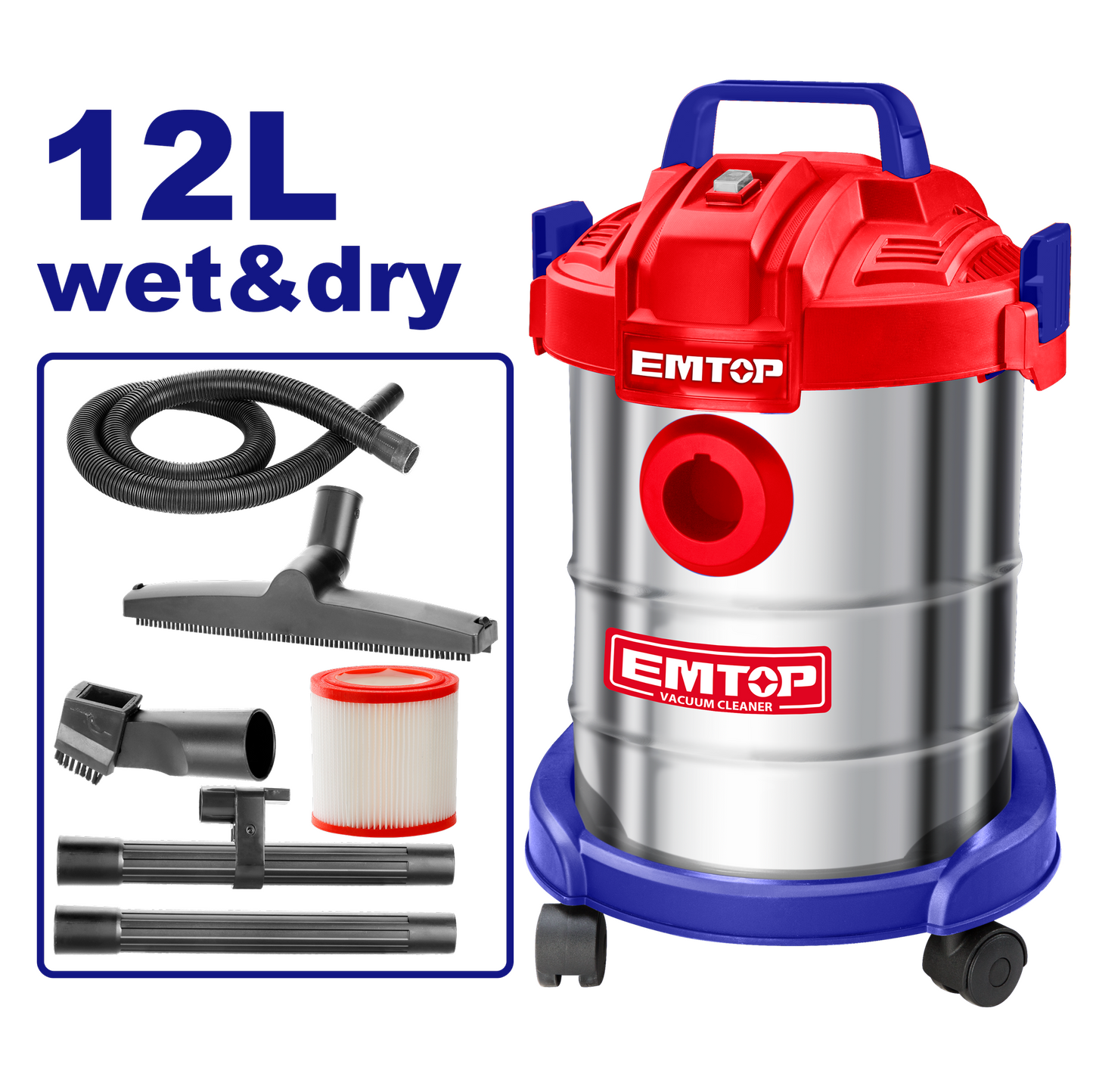Aspirateur eau et poussière filaire 800W EMTOP 12L avec accessoires