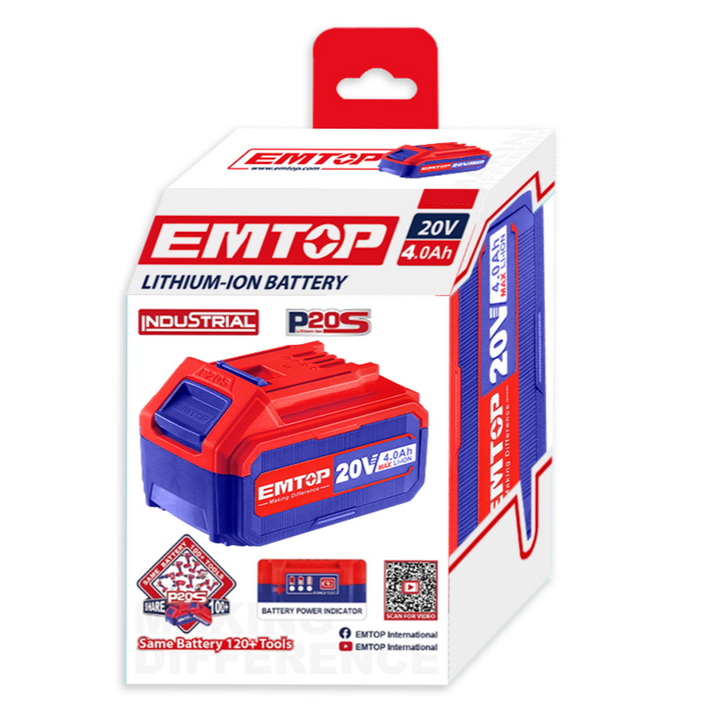 Batterie Lithium-Ion EMTOP 20V de Puissance 4.0Ah compatible avec multi outils P20S