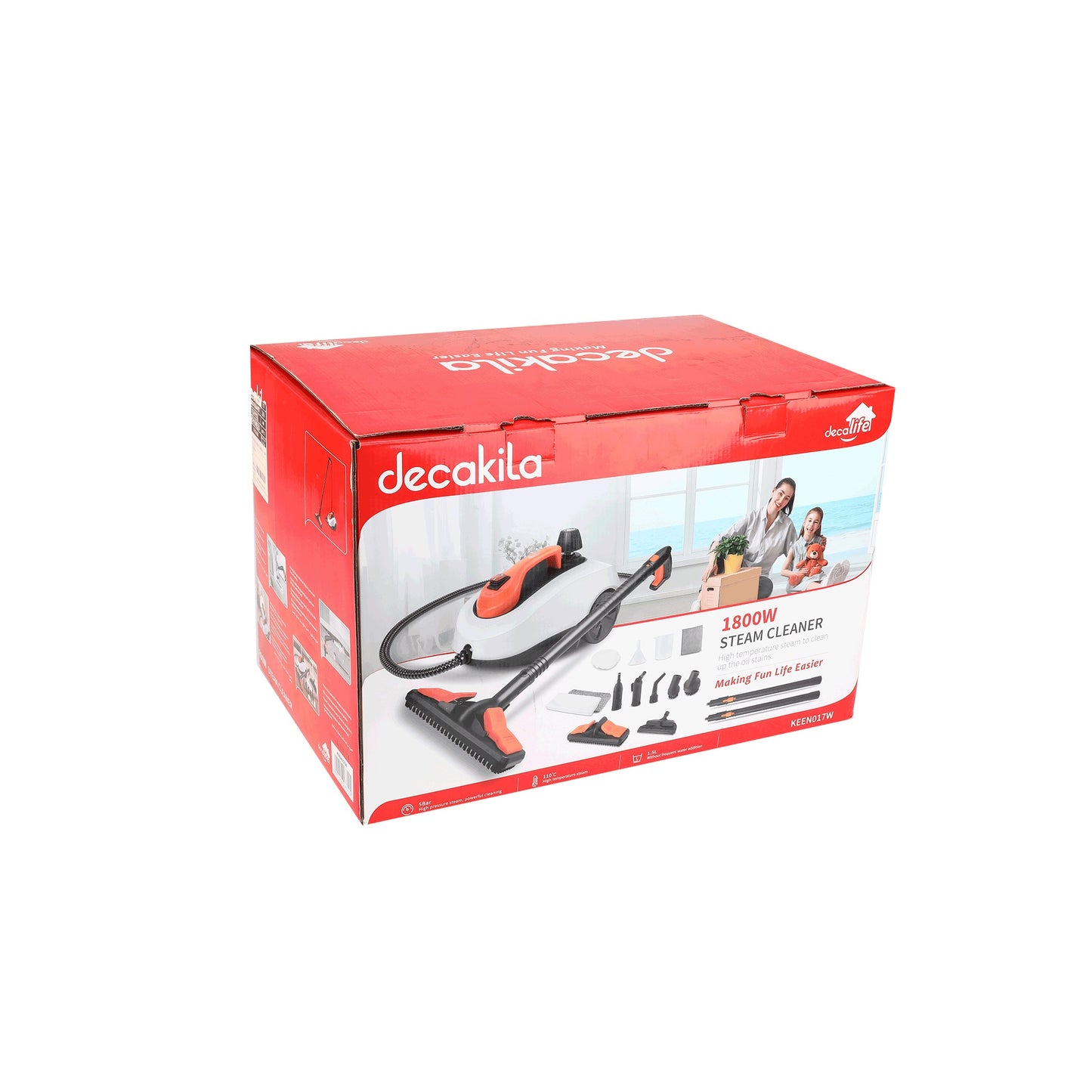 Nettoyeur Vapeur DECAKILA Blanc, Pression Vapeur 5 bar, Temps Préchauffage 7 min, Puissance 1800W, Réservoir 1,5L avec set de Nettoyage de Sol