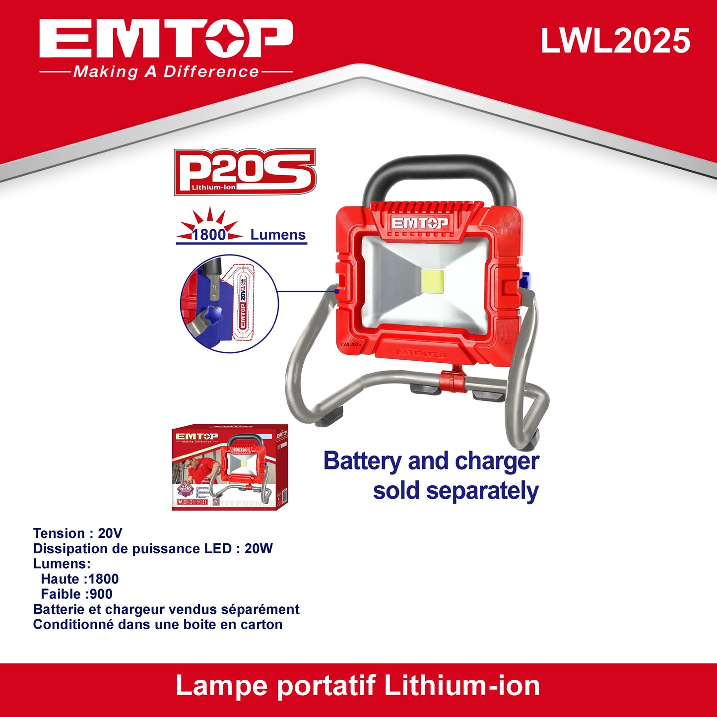 Projecteur de chantier à batterie LED 20W sans fil EMTOP 20V 1800 lumens batterie et chargeur vendus séparément