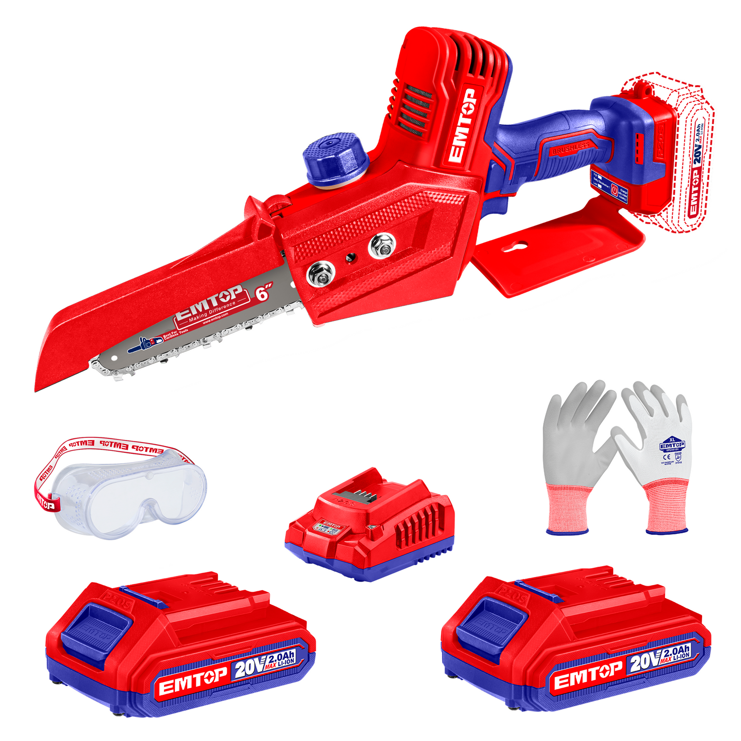 Elagueuse sur batterie Scie à chaine sans fil EMTOP 20V brushless avec 1 chargeur + 2 batteries lithium-ion 2.0Ah + Gant picots PVC Lunettes de sécurité Longueur de Coupe 15 cm