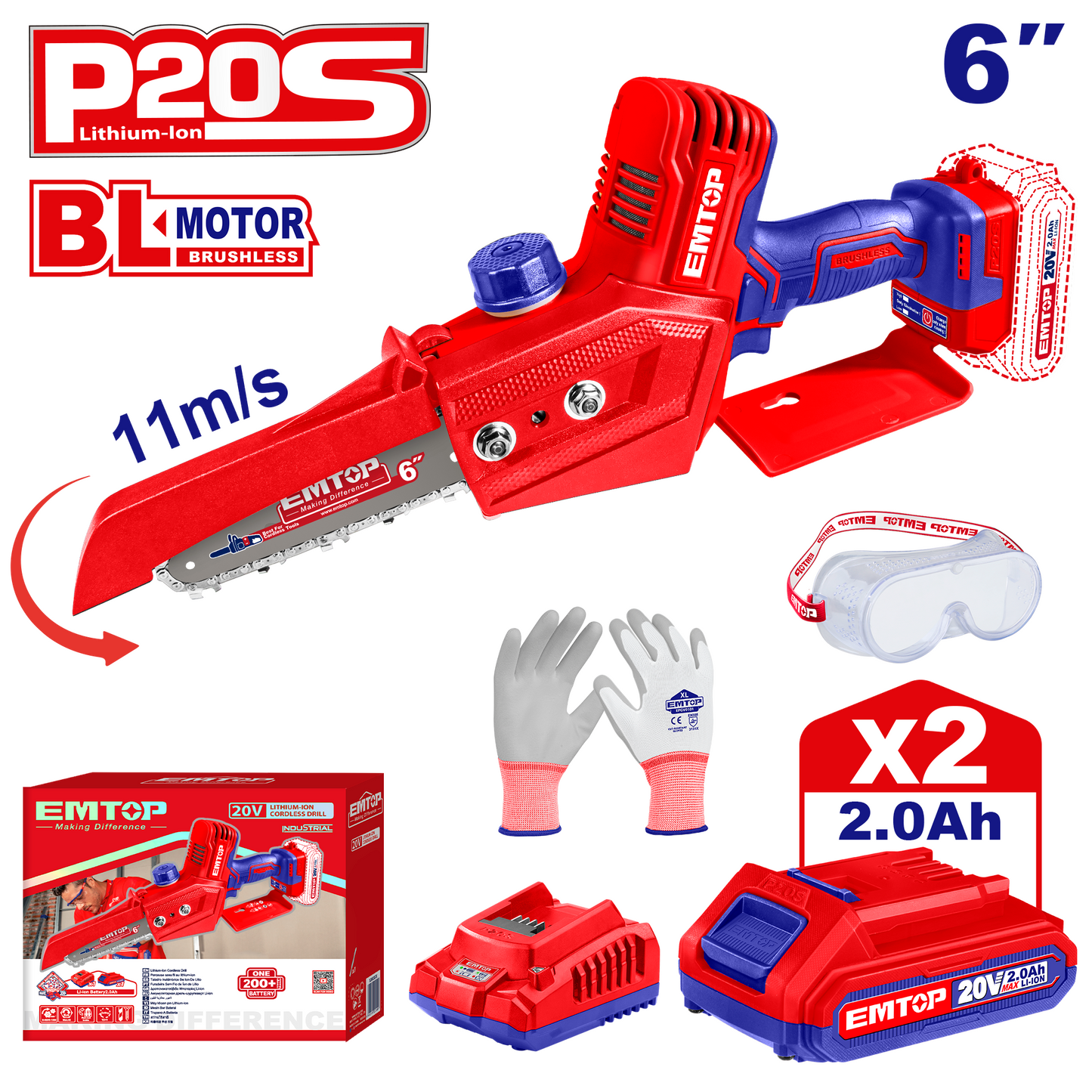 Elagueuse sur batterie Scie à chaine sans fil EMTOP 20V brushless avec 1 chargeur + 2 batteries lithium-ion 2.0Ah + Gant picots PVC Lunettes de sécurité Longueur de Coupe 15 cm