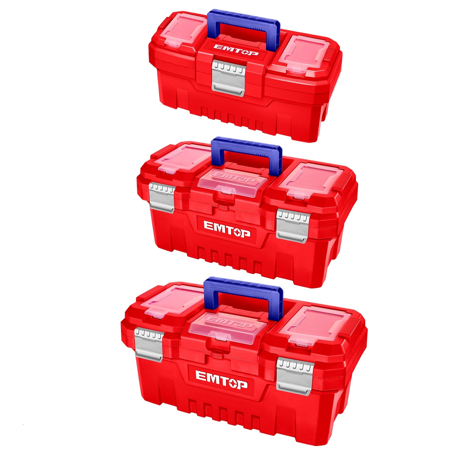 Ensemble de 3 boîtes à outils en plastique EMTOP 14" + 17" + 20" Boucle en métal Poignée haute résistance Couvercle supérieur avec trois zones de rangement Contient 1 plateau en plastique