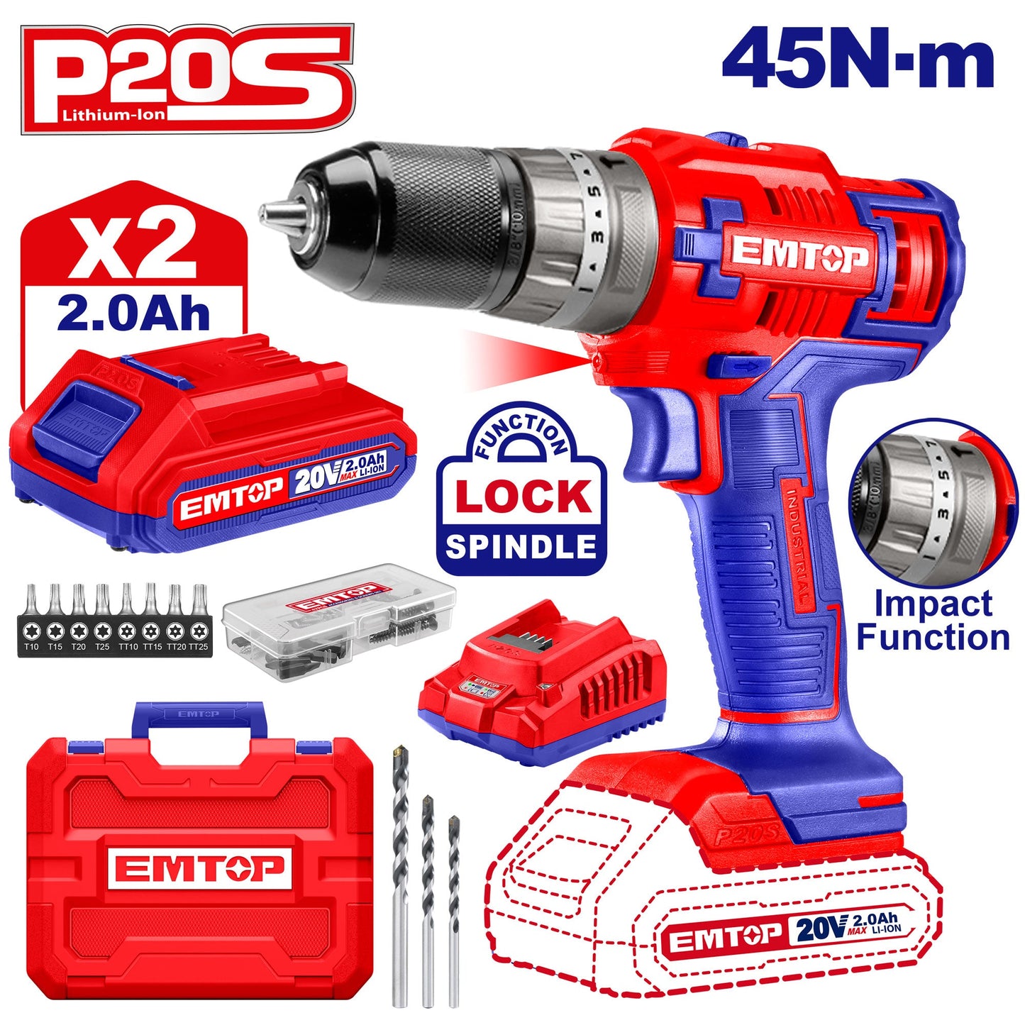 Perceuse visseuse Sans Fil EMTOP 20V avec 1 chargeur + 2 Batteries Lithium-ion 2.0Ah 45Nm 18+1+1 Réglages de Couple 2 Vitesses LED 55 Accessoires 3 forets à maçonnerie Boîte en plastique