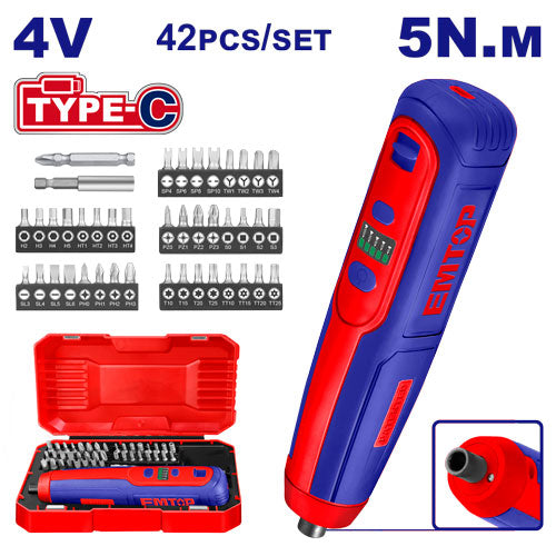 Visseuse et tournevis électrique EMTOP sans fil 4V rechargeable USB type-C 5Nm 42 accessoires + Boîte en plastique