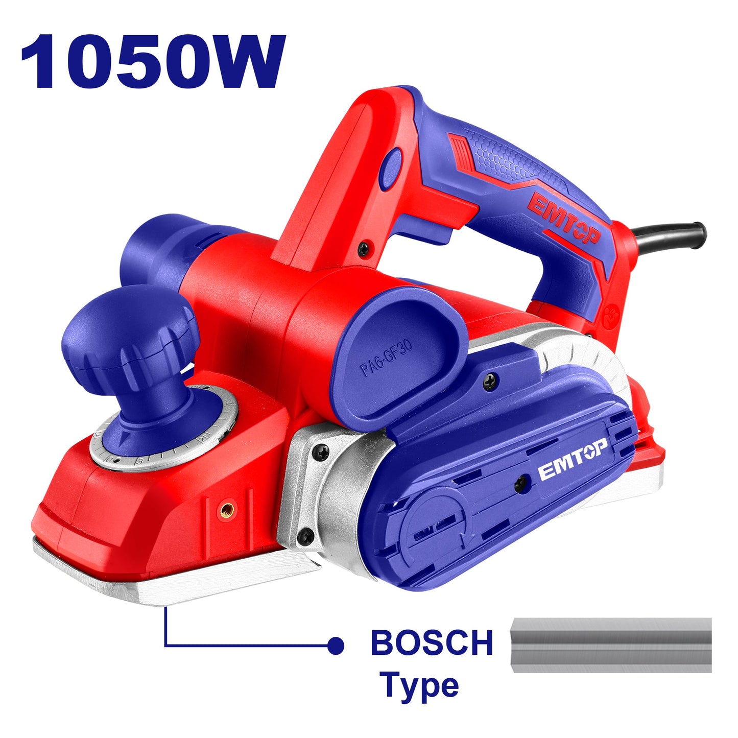 Raboteuse électrique filaire 1050W EMTOP Système de courroie auto-refroidissant avec 1 ceinture 1 jeu de guides parallèles1 guide de profondeur 1 ensemble de balais de charbon