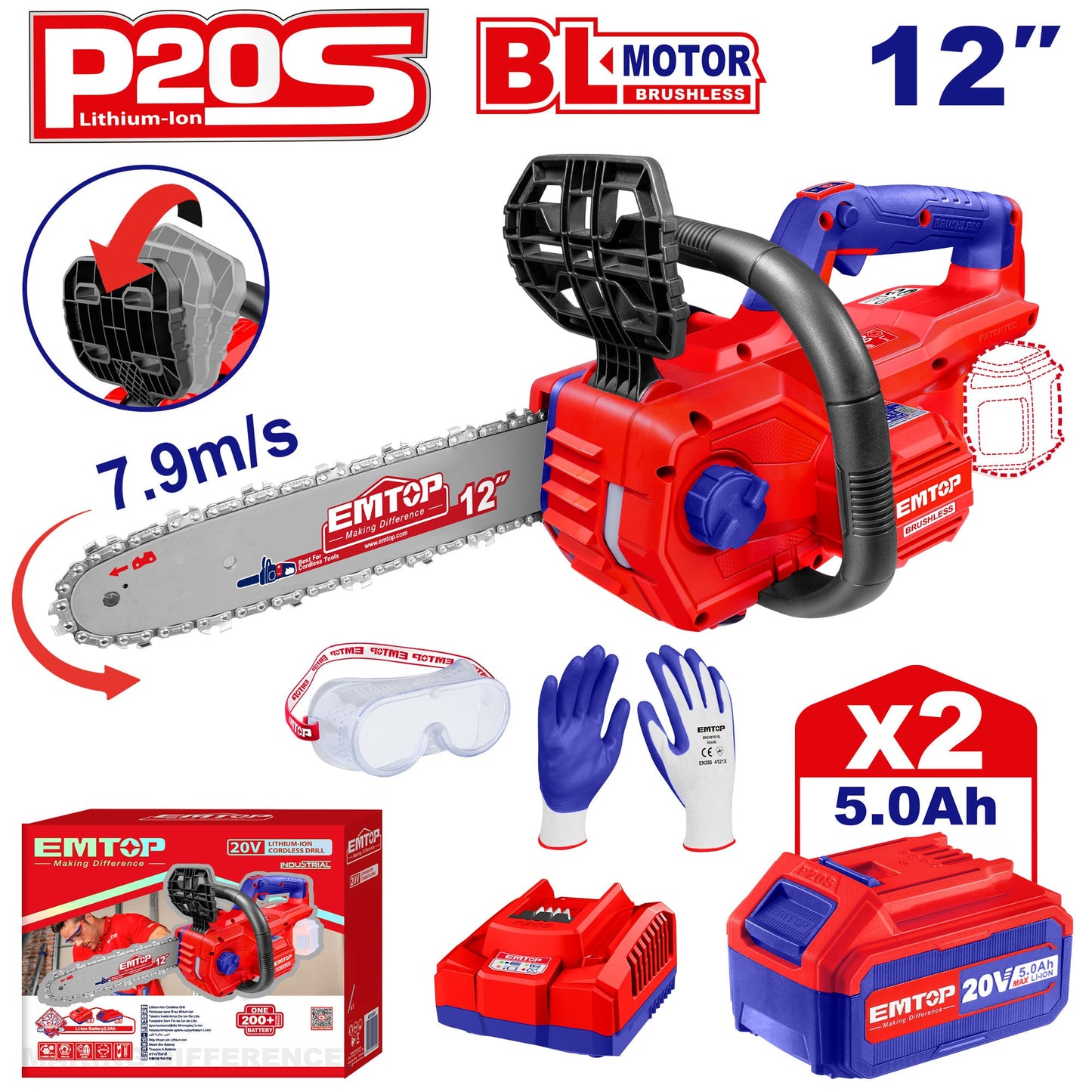 Tronçonneuse à batterie Scie à chaine sans fil EMTOP 20V brushless avec 1 chargeur 4A + 2 batteries lithium-ion 5.0Ah + Gant picots PVC Lunettes de sécurité Longueur de Coupe 30 cm