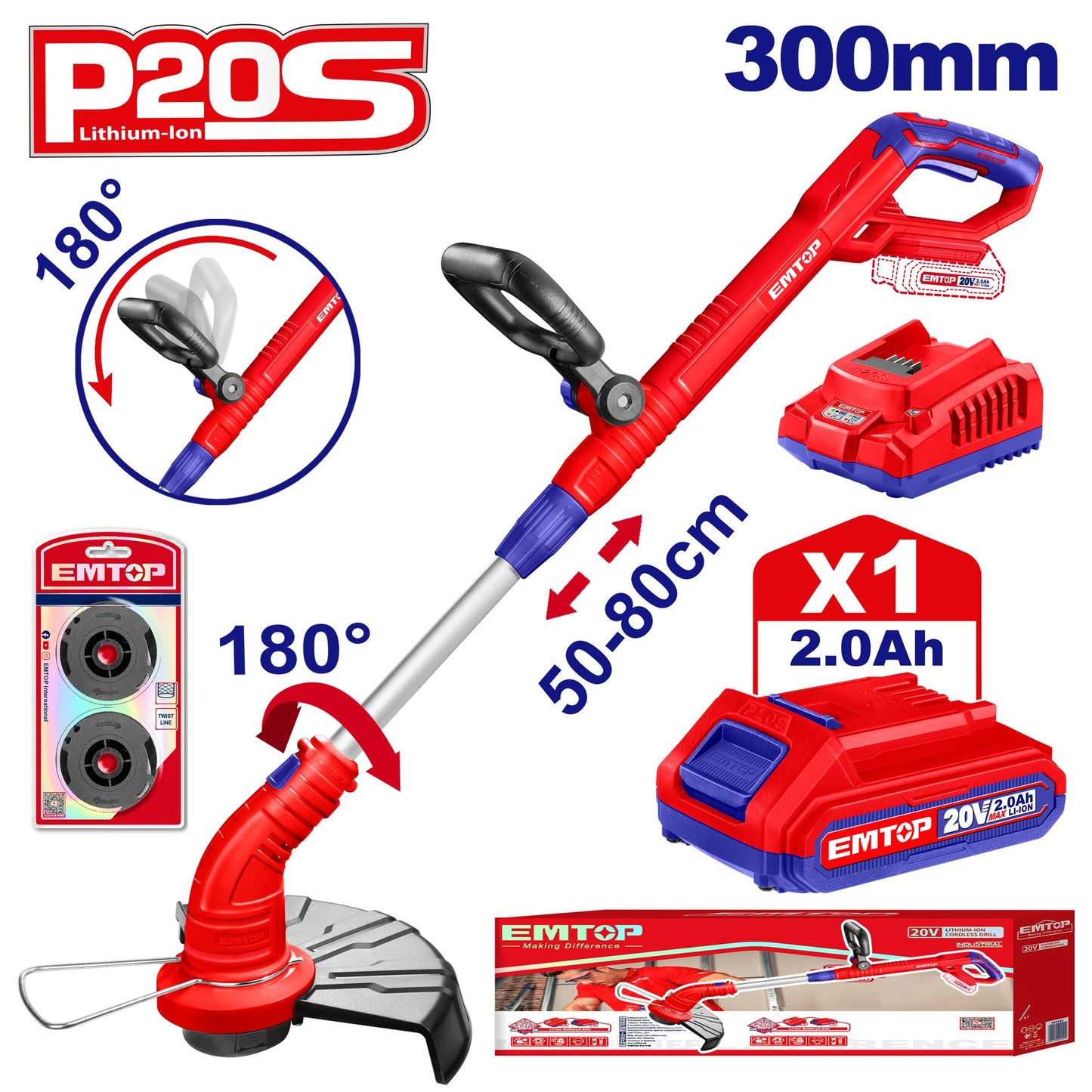 Coupe bordure sans fil EMTOP 20V avec 1 chargeur + 1 Batterie Lithium-ion 2.0Ah + 2 bobines de ligne Longueur de ligne 5 m avec tube télescopique poignée de réglable