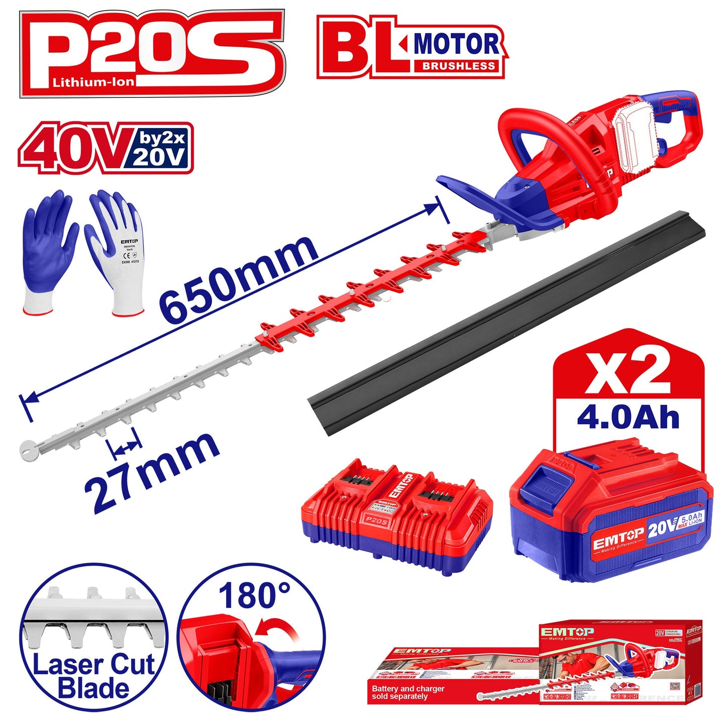 Taille-haies à batterie EMTOP 40V brushless avec 1 chargeur double port + 2 batteries lithium-ion 4.0Ah Gant picots PVC Lame 65 cm
