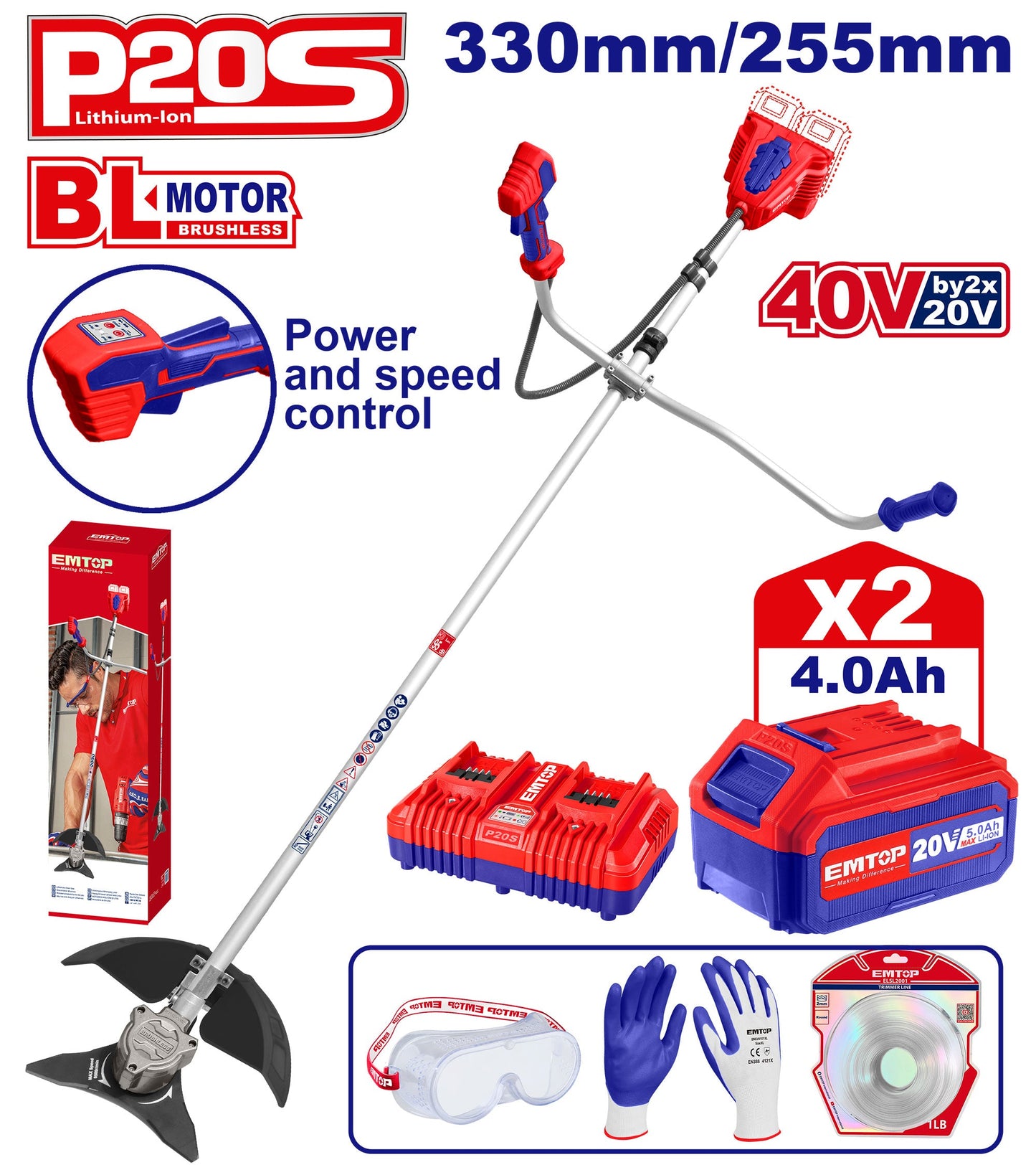 Coupe-bordure et débroussailleuse à batterie EMTOP 40V brushless avec 1 chargeur double port + 2 batteries lithium-ion 4.0Ah Gant picots PVC Lunettes de sécurité 1 lame 3T 1 Ligne de Bobine 1 bandoulière