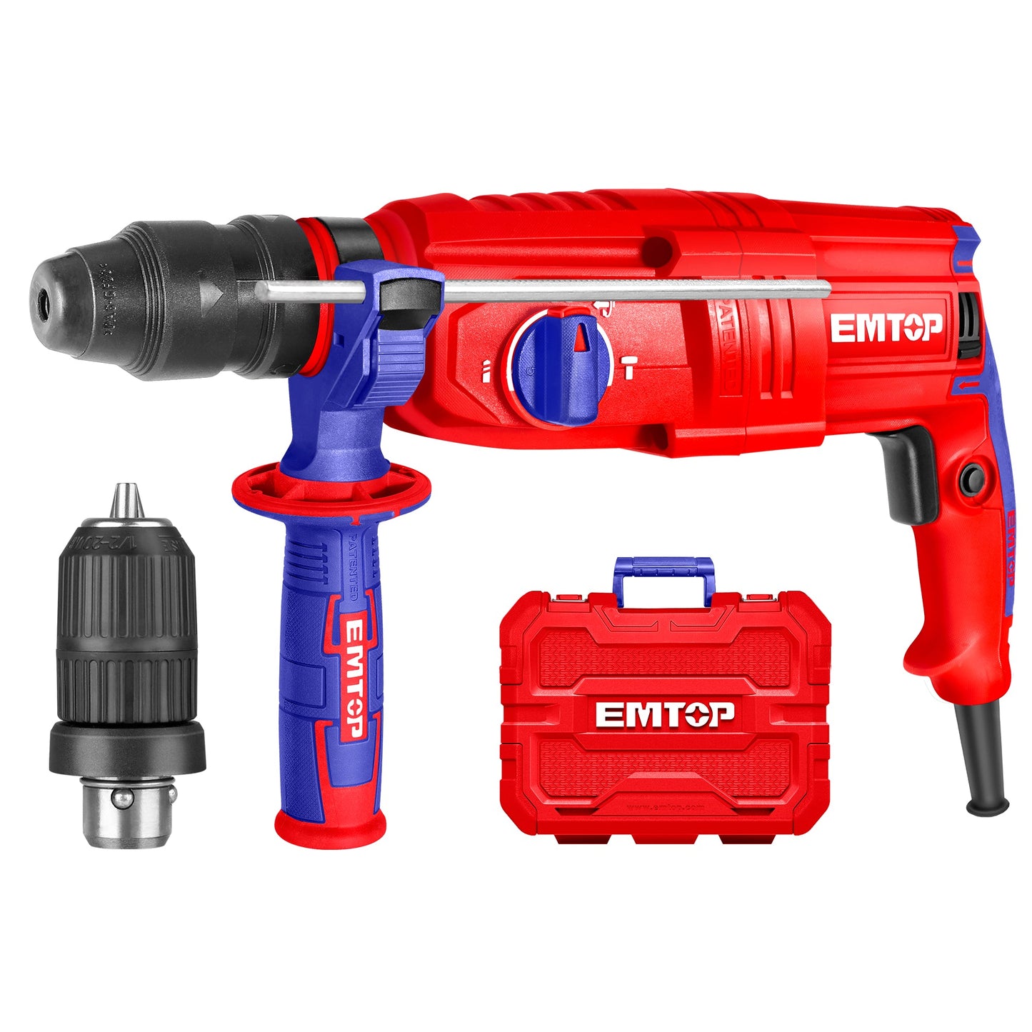 Marteau perforateur filaire 800W EMTOP Système de mandrin SDS plus avec 1 mandrin à changement rapide sans clé 3 forets 2 burins 1 ensemble de balais de charbon + Boîte en plastique