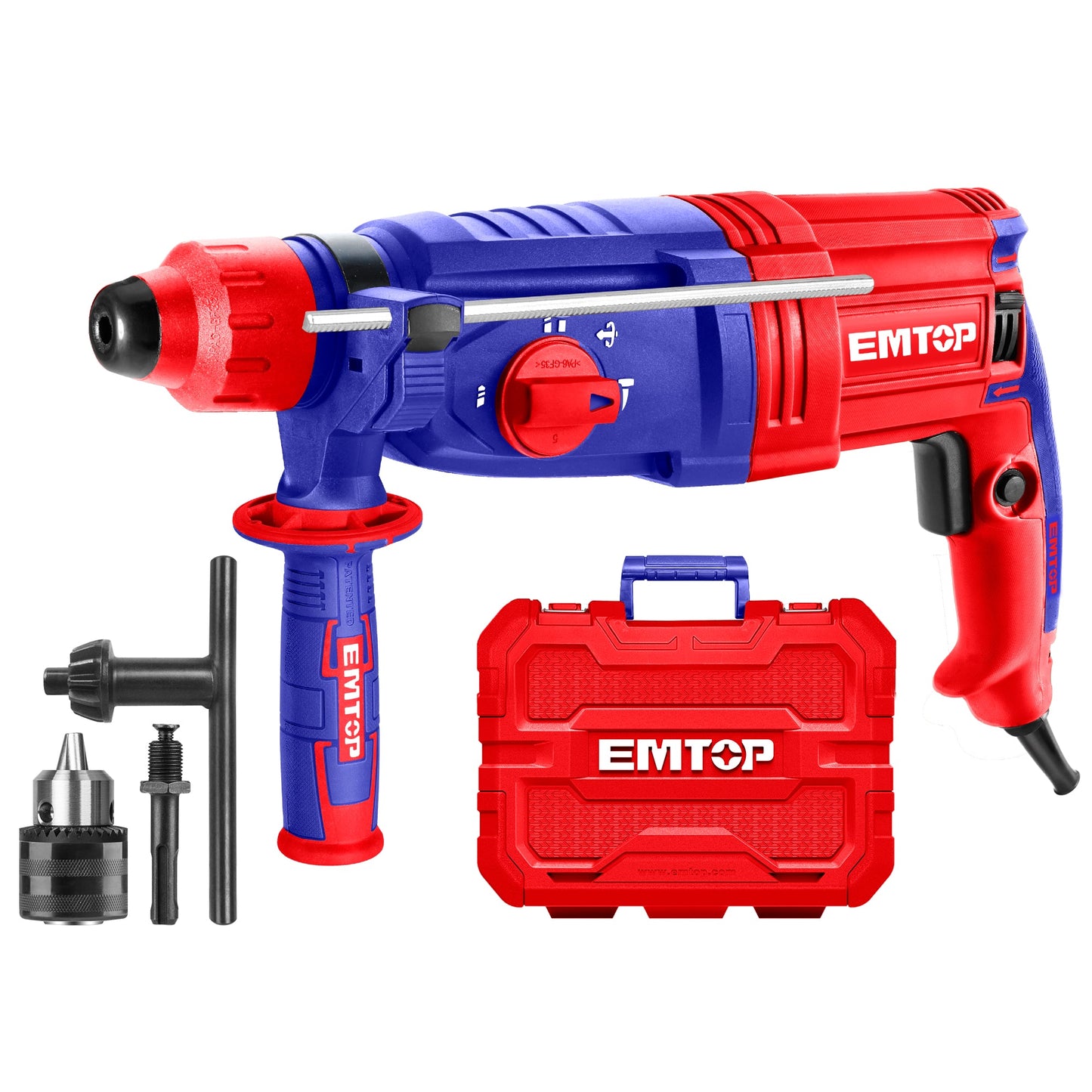 Marteau perforateur filaire 950W EMTOP Système de mandrin SDS plus avec 1 mandrin à clé 13mm 3 forets et 2 burins 1 ensemble de balais de charbon + Boîte en plastique