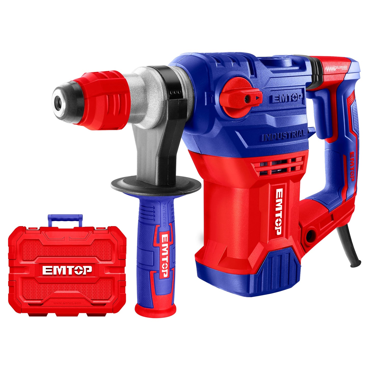 Marteau perforateur filaire 1500W EMTOP Système de mandrin SDS plus anti-vibration avec 3 forets et 2 burins 1 ensemble de balais de charbon + Boîte en plastique