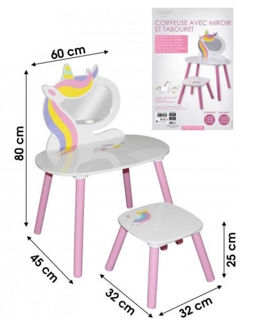 Coiffeuse Mirroir blanche fille avec tabouret - 45x60x80cm / 32x32x25cm - Licorne