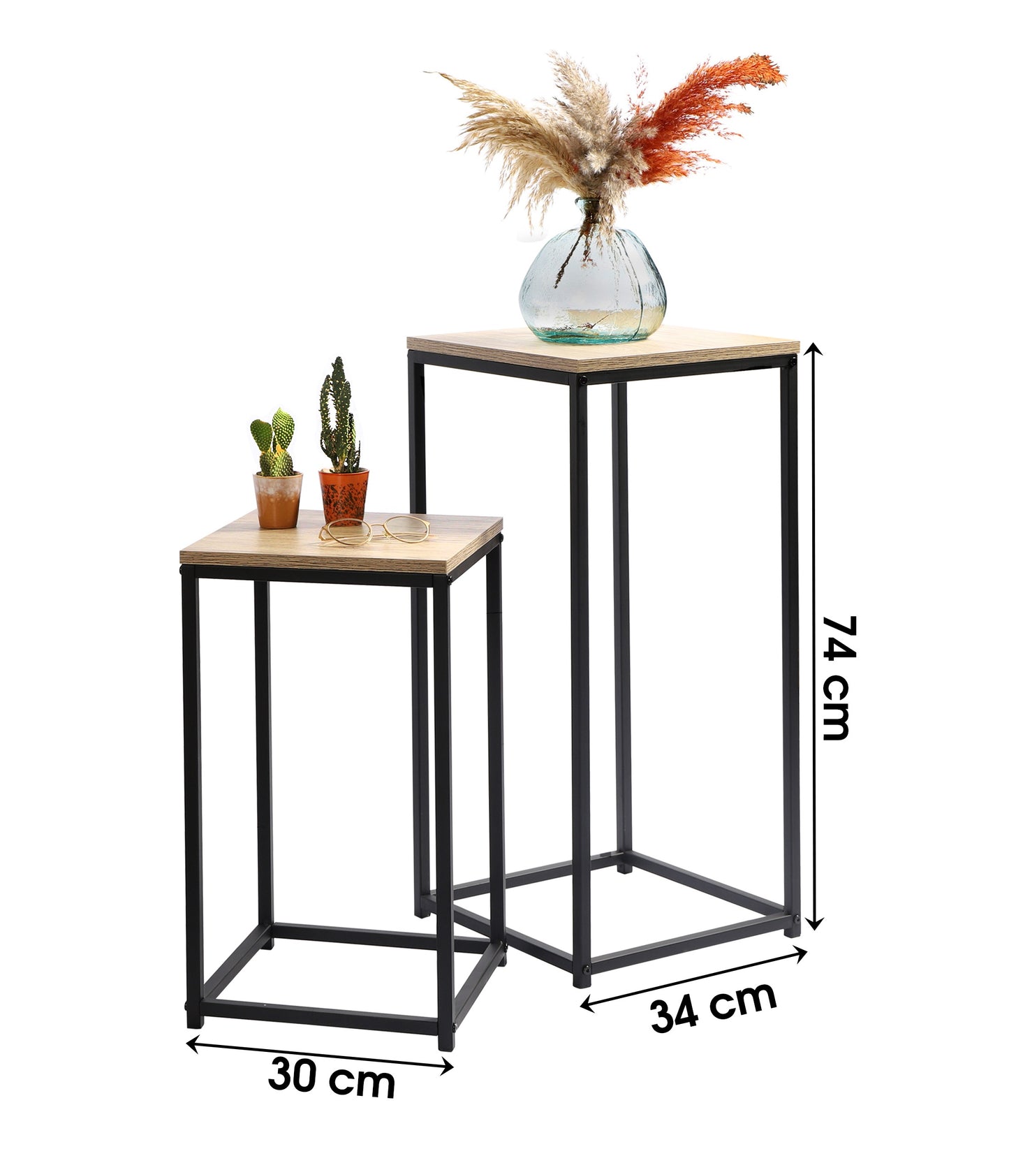 SET DE 2 SELLETTES TABLE BASSE DECORE TABLE D'APPOINT CONSOLE EN BOIS ET MÉTAL NOIR 34X34XH74CM ET 30X30XH54CM