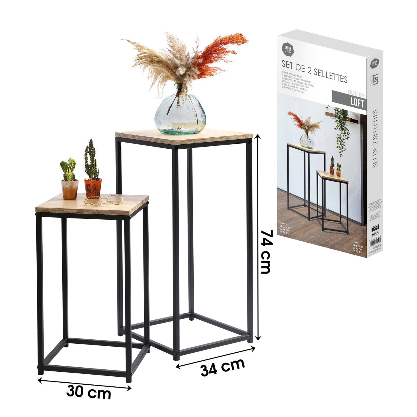 SET DE 2 SELLETTES TABLE BASSE DECORE TABLE D'APPOINT CONSOLE EN BOIS ET MÉTAL NOIR 34X34XH74CM ET 30X30XH54CM