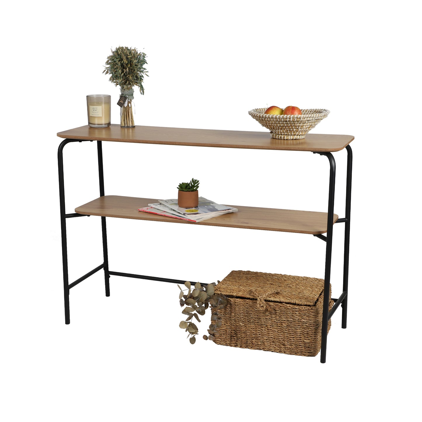 MEUBLE DE RANGEMENT MEUBLE D'ENTRÉE CONSOLE D'ENTRÉE CONSOLE 2 NIVEAUX AVEC STRUCTURE EN METAL NOIR 110X35XH78CM