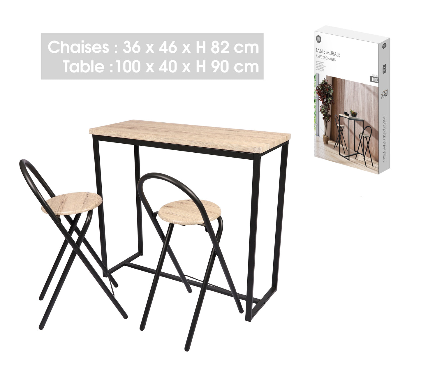 ENSEMBLE TABLE A MANGER TABLE HAUTE TABLE BAR TABLE MURALE 100X40XH90CM AVEC 2 TABOURETS 36X46XH82CM