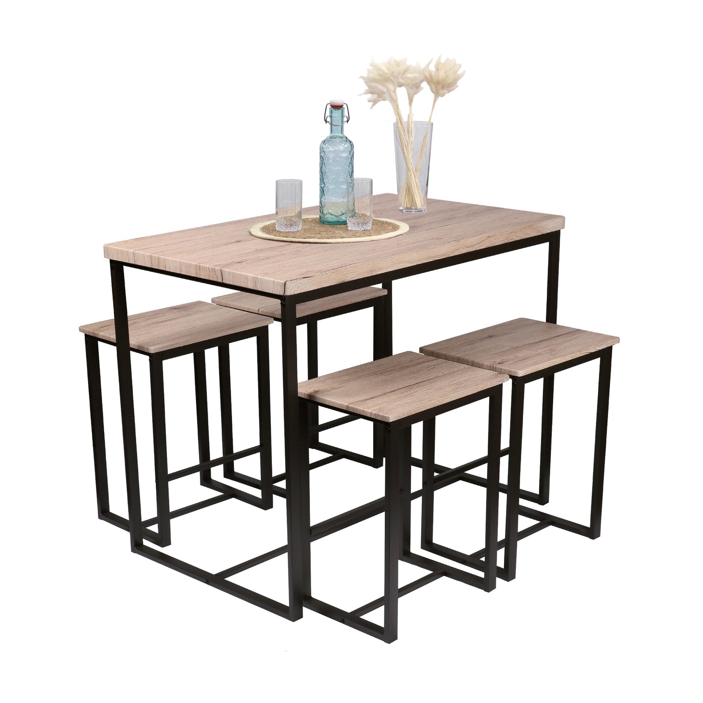 Ensemble de table de bar haute avec 4 tabourets en bois struture en métal noir repose-pieds 100X60XH89CM ET 40X30XH60CM