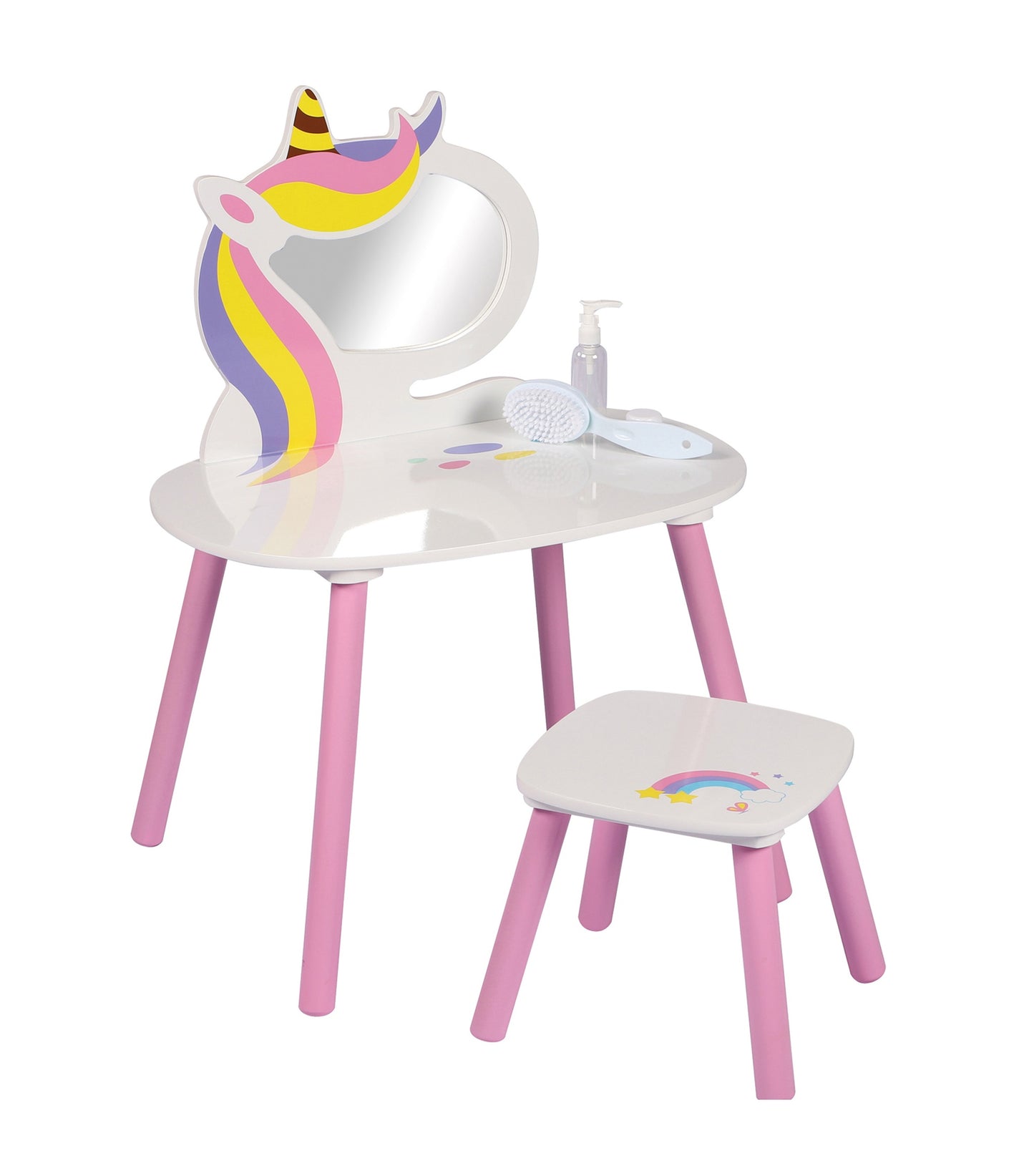 Coiffeuse Mirroir blanche fille avec tabouret - 45x60x80cm / 32x32x25cm - Licorne