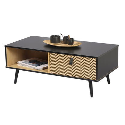 Table basse contemporaine effet bois Chelsea décorée avec poignées effet cuir 100x50xH40 cm