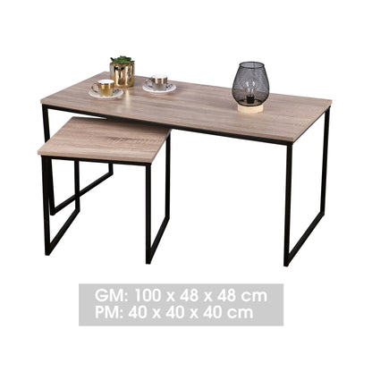 SET DE 2 TABLES BASSE GIGOGNES EN BOIS ET MÉTAL NOIR 100X48XH48CM ET 40X40XH40CM