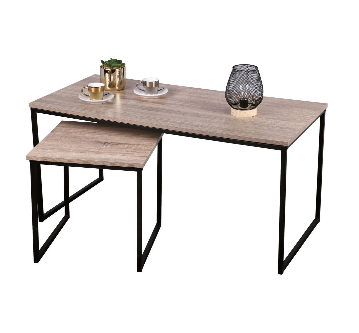 SET DE 2 TABLES BASSE GIGOGNES EN BOIS ET MÉTAL NOIR 100X48XH48CM ET 40X40XH40CM