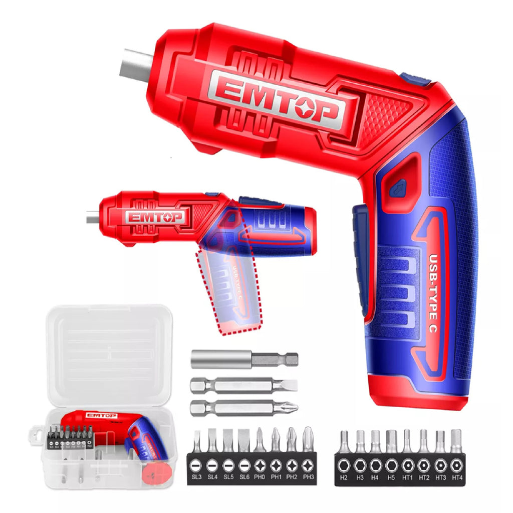 Visseuse et tournevis électrique sans fil EMTOP 4V rechargeable USB type-C 4Nm 19 accessoires + boîte en plastique