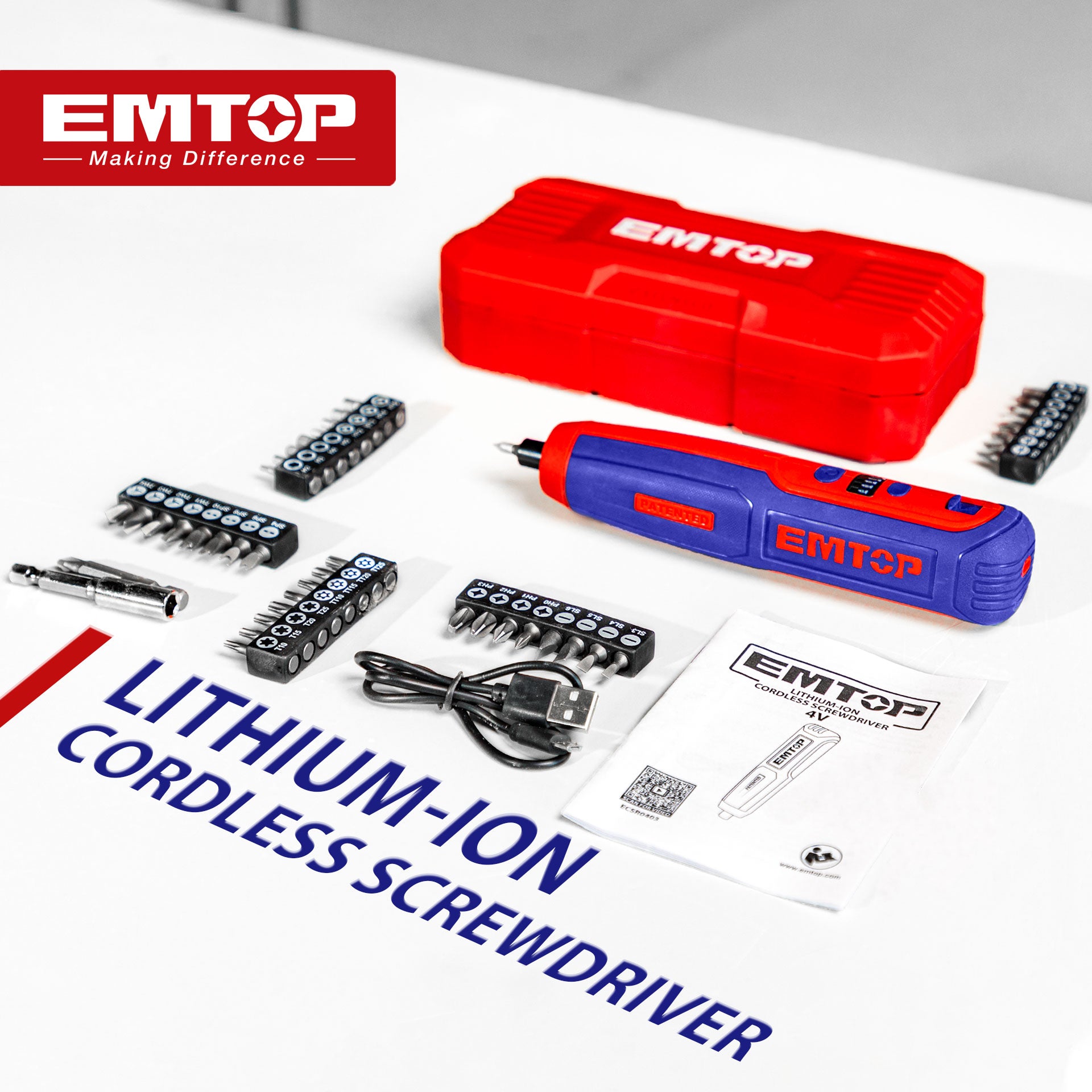 Visseuse et tournevis électrique EMTOP sans fil 4V rechargeable USB type-C 5Nm 42 accessoires + Boîte en plastique