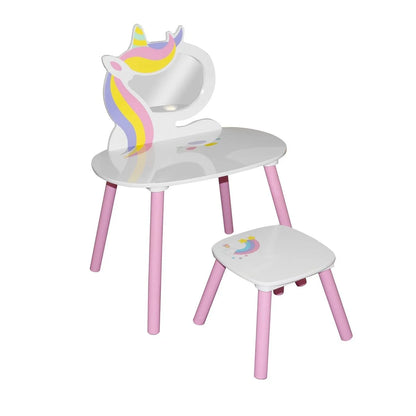 Coiffeuse Mirroir blanche fille avec tabouret - 45x60x80cm / 32x32x25cm - Licorne