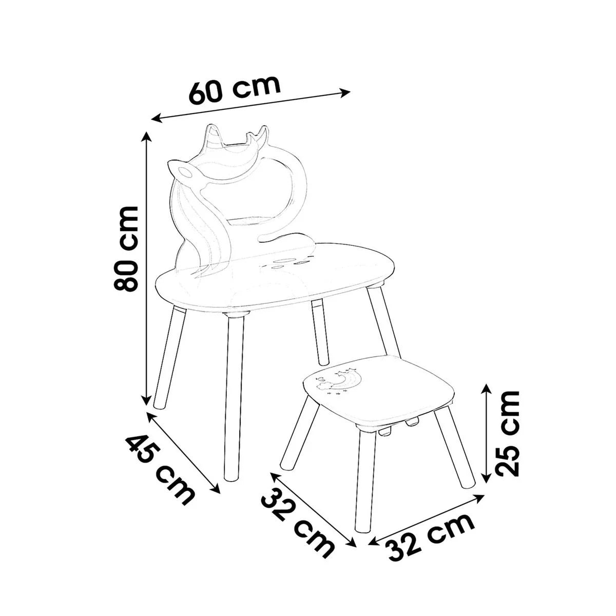 Coiffeuse Mirroir blanche fille avec tabouret - 45x60x80cm / 32x32x25cm - Licorne