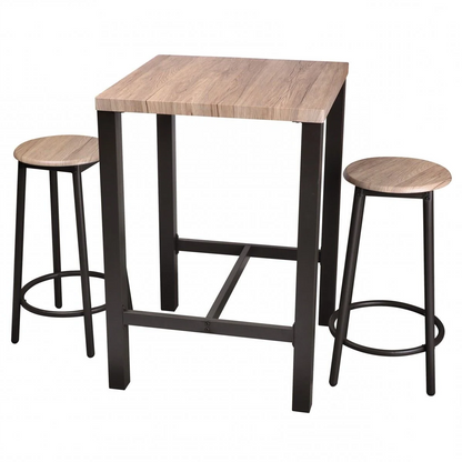 Ensemble de table de bar carrée 60 x 60 x 86 cm + 2 tabourets en bois struture en métal noir repose-pieds D30x62 cm