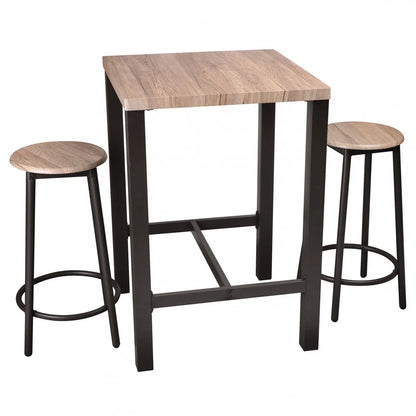 Ensemble de table de bar carrée 60 x 60 x 86 cm + 2 tabourets en bois struture en métal noir repose-pieds D30x62 cm